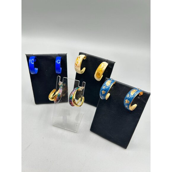 Vintage Enamel Hoops Earrings Half Open Hoops 70s Costume Jewelry Set of 4 Pairs - Picture 2 of 8